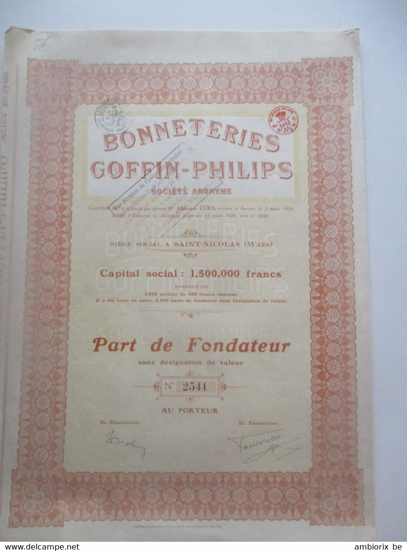 Bonneteries Goffin-Philips -Saint-Nicolas (Waes)  - Capital 1 500 000 - Part De Fondateur - 1924 - Tessili