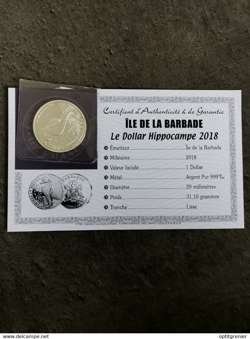 1 DOLLAR ARGENT HIPPOCAMPE SEAHORSE 2018 / AVEC CERTIFICAT / ILE DE LA BARBADE BARBADOS / 1 OZ 999 SILVER - Barbados