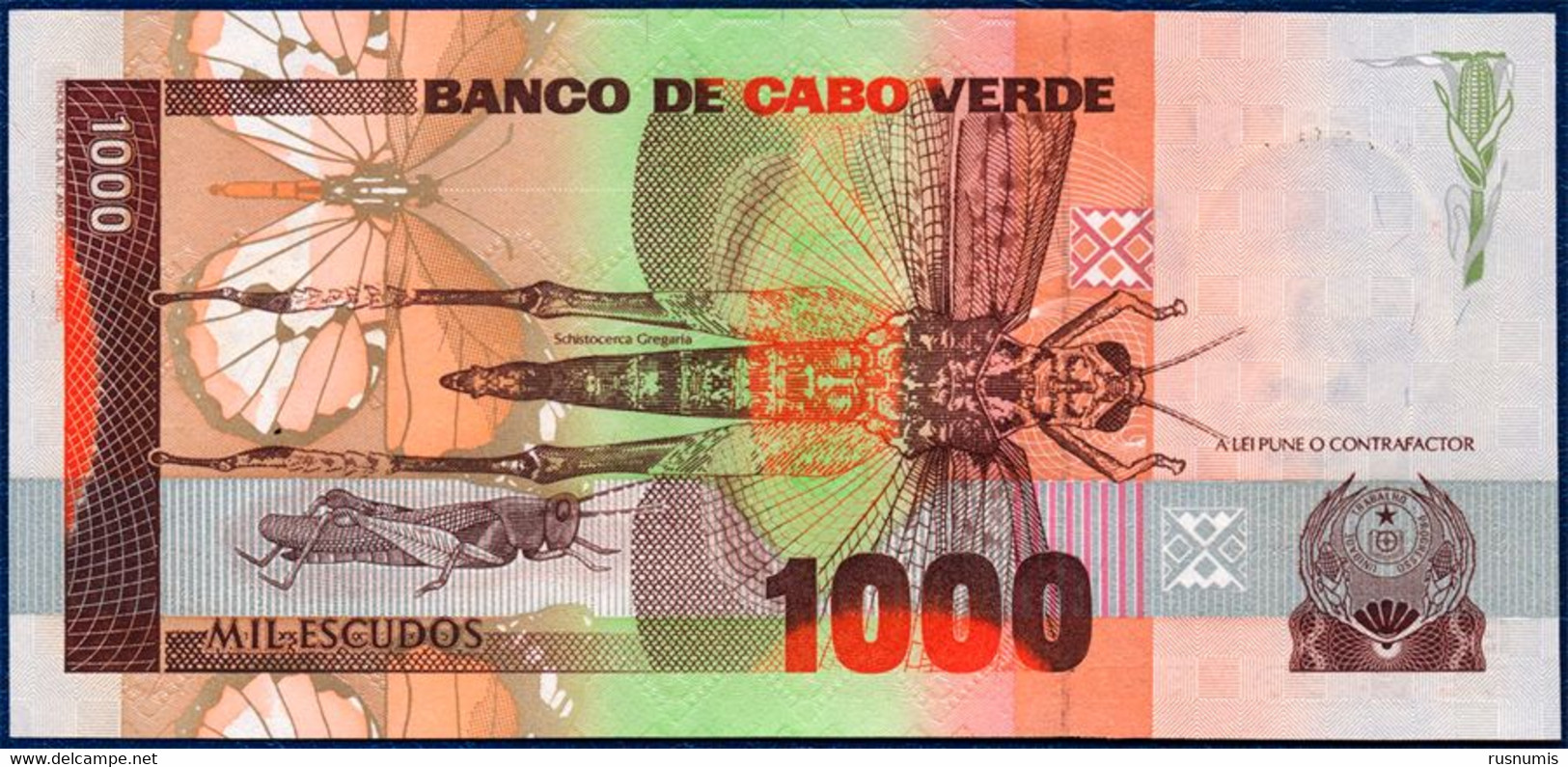 CAPE VERDE CABO VERDE 1000 ESCUDOS P-60a Amilcar Cabral - Pierid Butterfly, Desert Locust 1989 UNC - Cap Verde