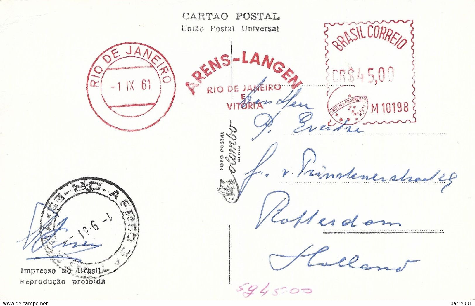 Brasil Brazil 1961 Rio De Janeiro Meter Postalia Arens-Langen Shipping Agent Cover - Lettres & Documents