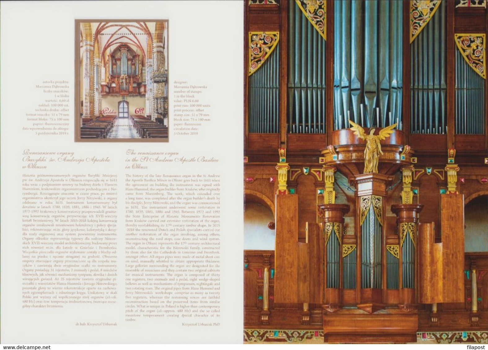 POLAND 2019 Booklet / Historic Renaissance Pipe Organ, St Andrew Apostle Basilica In Olkusz / With Block MNH** - Markenheftchen