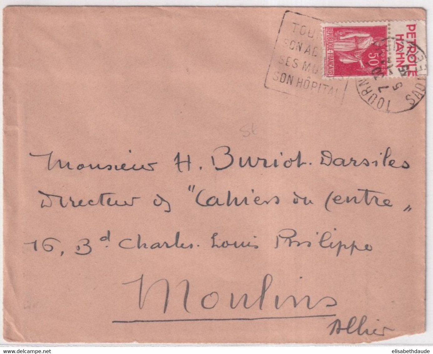 1935 - BANDE PUB "PETROLE HAHN" Sur PAIX Sur ENVELOPPE De TOURNUS (SAONE ET LOIRE) Avec OBLITERATION DAGUIN ! - Brieven En Documenten