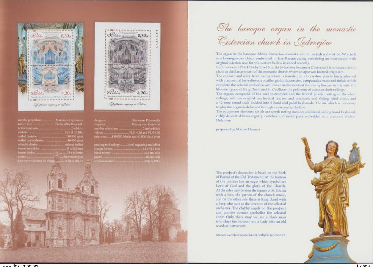 Poland 2015 Booklet / Historic Baroque Pipe Organ In Monastic Cistercian Church / Block MNH** + Blackprint MNH** - Postzegelboekjes