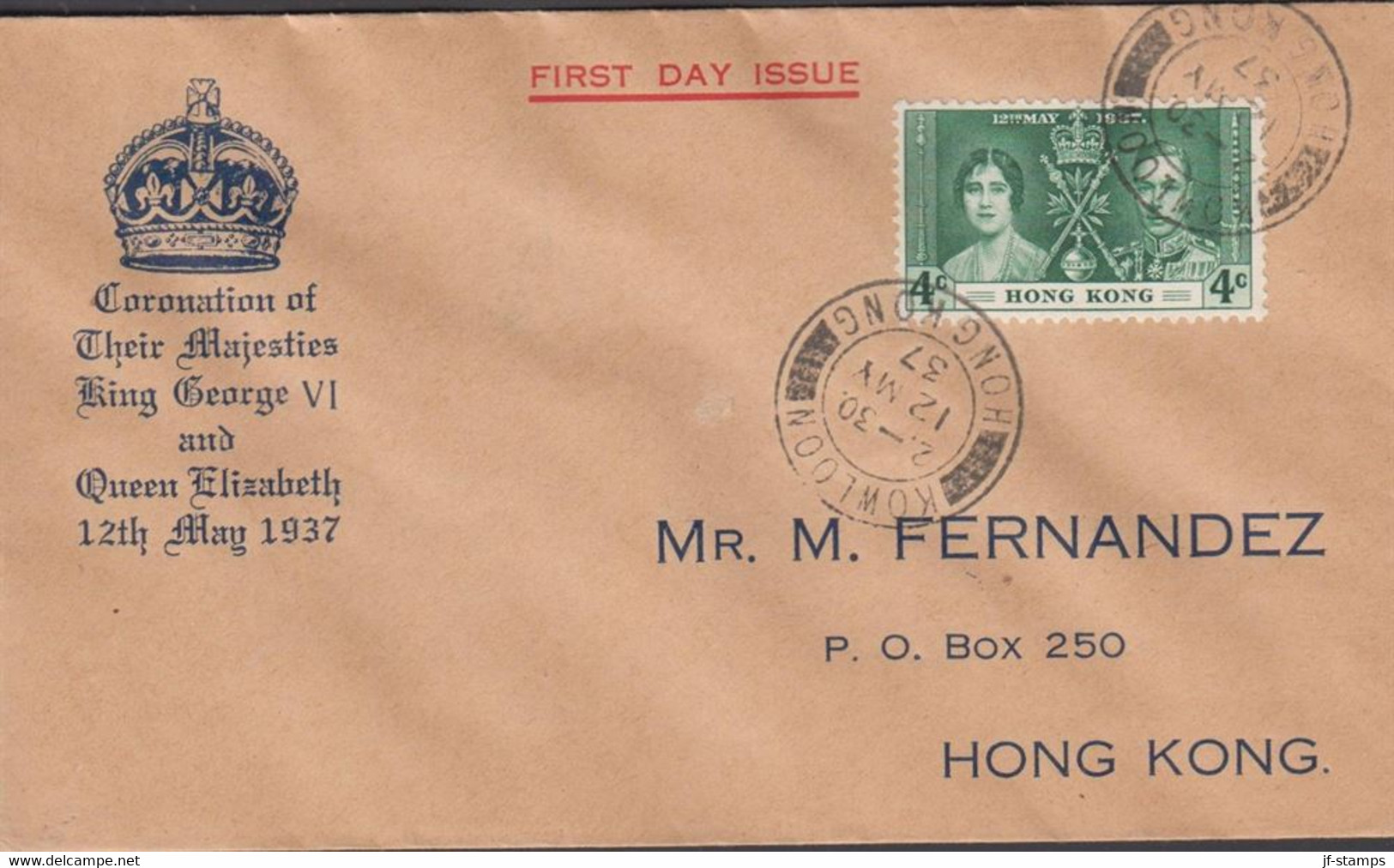 1937. HONG KONG Georg VI. 4 C Coronation On Nice FDC Cancelled FIRST DAY OF ISSUE KOWLOON HON... (Michel 136) - JF427055 - Lettres & Documents