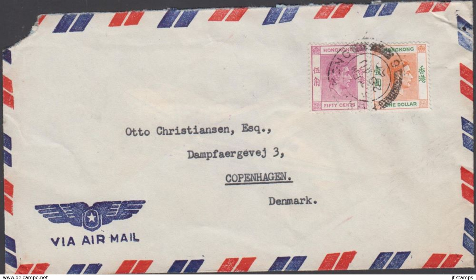 1950. HONGKONG. GEORG VI. ONE DOLLAR + 50 C On AIR MAIL Cover To Denmark. Cancelled HONG KO... (Michel  156+) - JF427067 - Brieven En Documenten