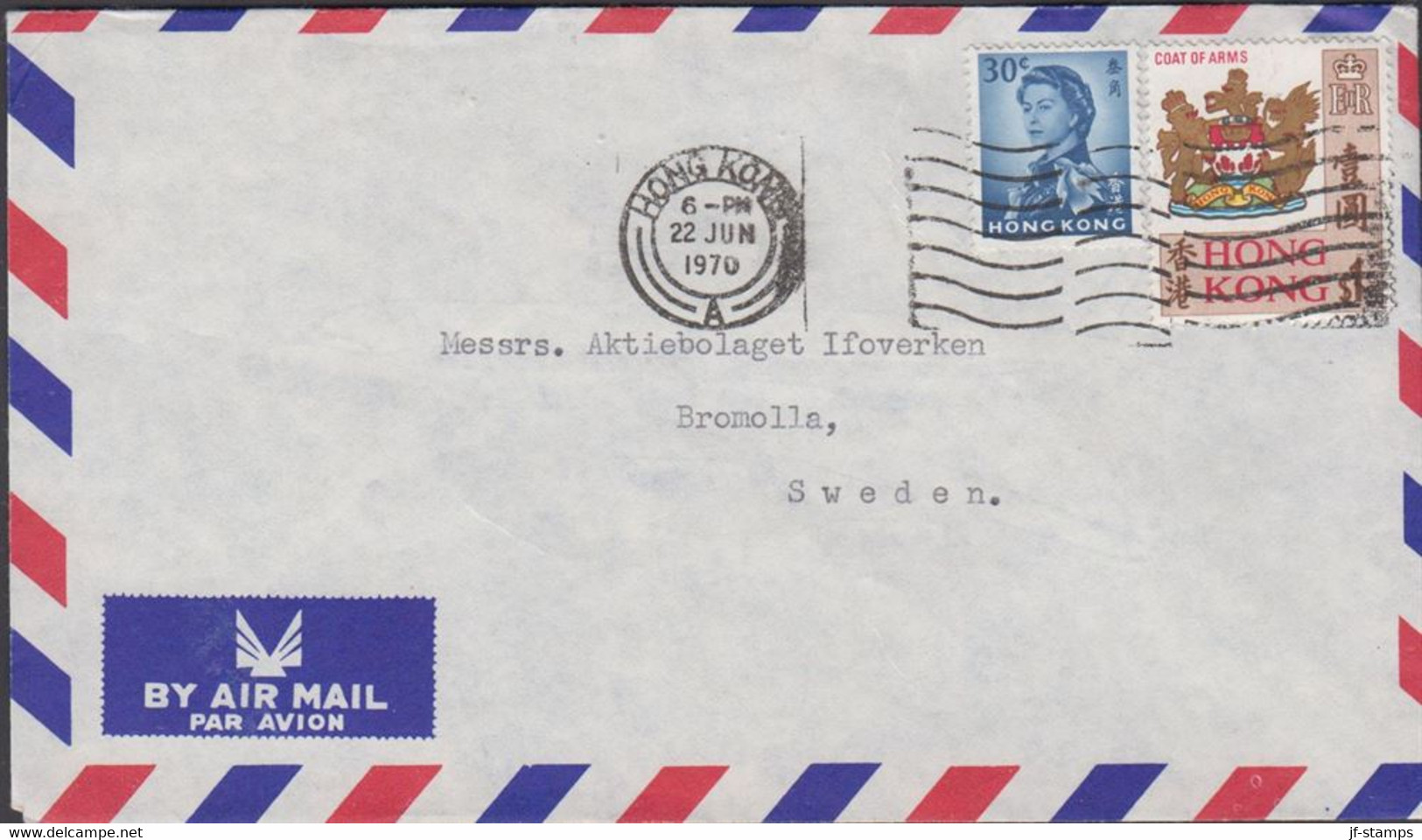 1970. HONG KONG COAT OF ARMS $ 1. + 30 C Elisabeth On AIR MAIL Cover To Bromolla, Sweden From... (Michel 239) - JF427100 - Lettres & Documents