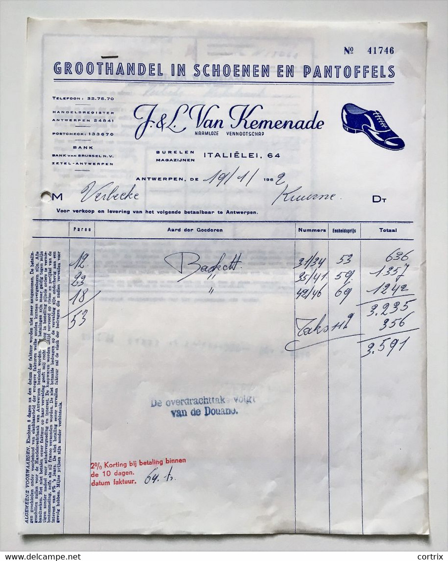 Factuur Schoenen Van Kemenade Antwerpen 1962 Inclusief Document Weeldetaks - Vestiario & Tessile