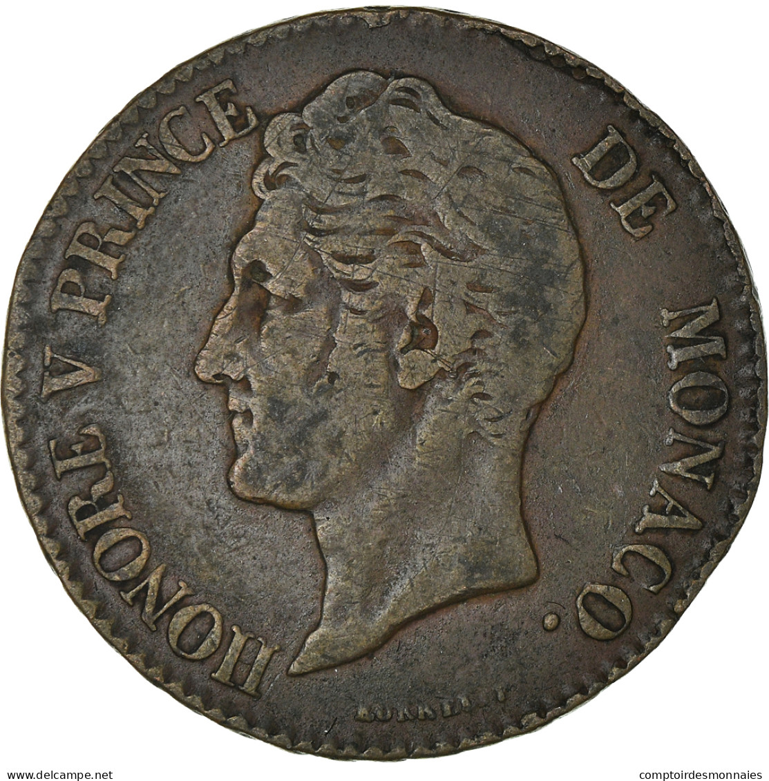 Monnaie, Monaco, Honore V, 5 Centimes, Cinq, 1837, Monaco, TB+, Cast Brass - Charles III.