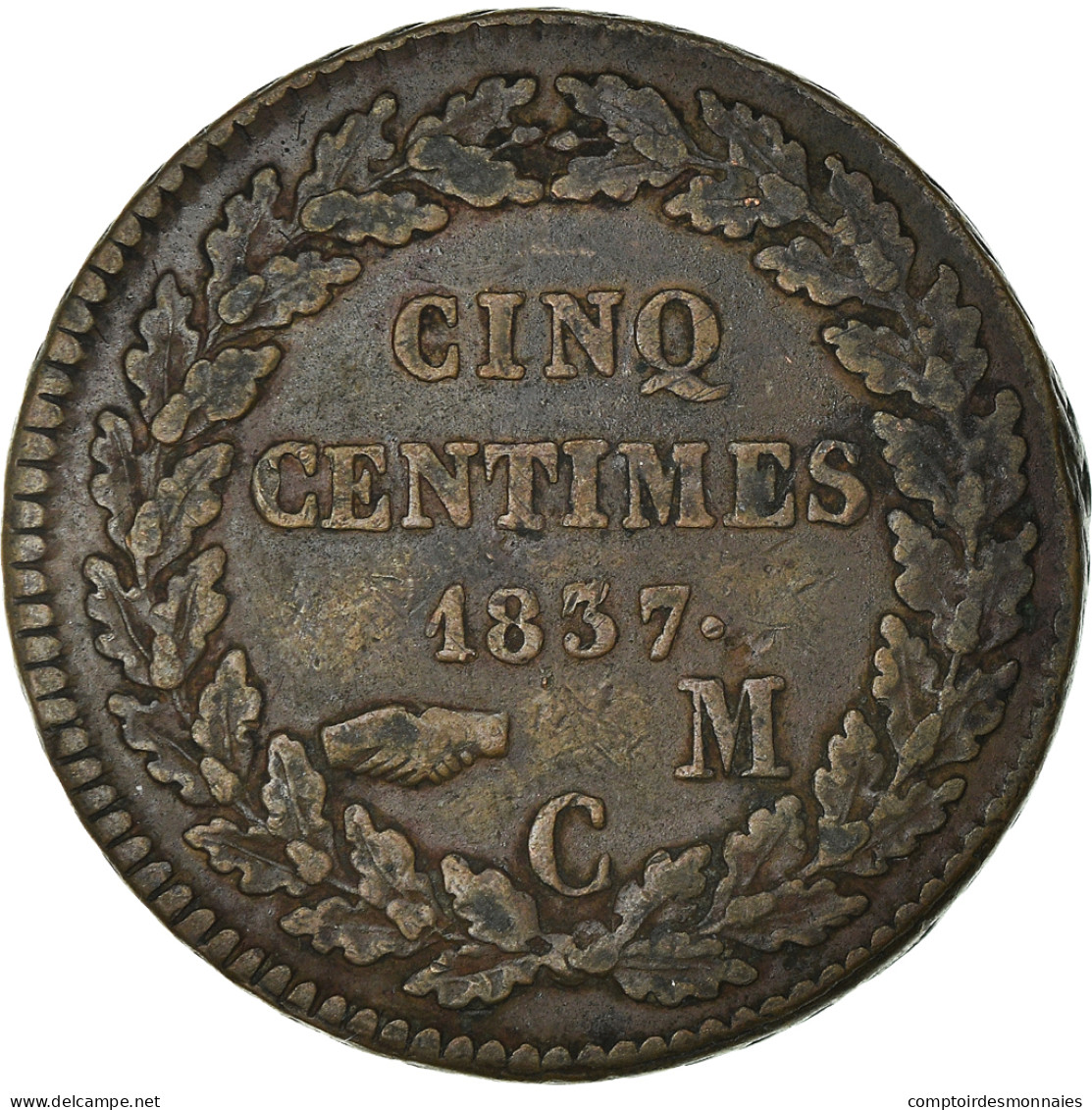 Monnaie, Monaco, Honore V, 5 Centimes, Cinq, 1837, Monaco, TB+, Cast Brass - Charles III.