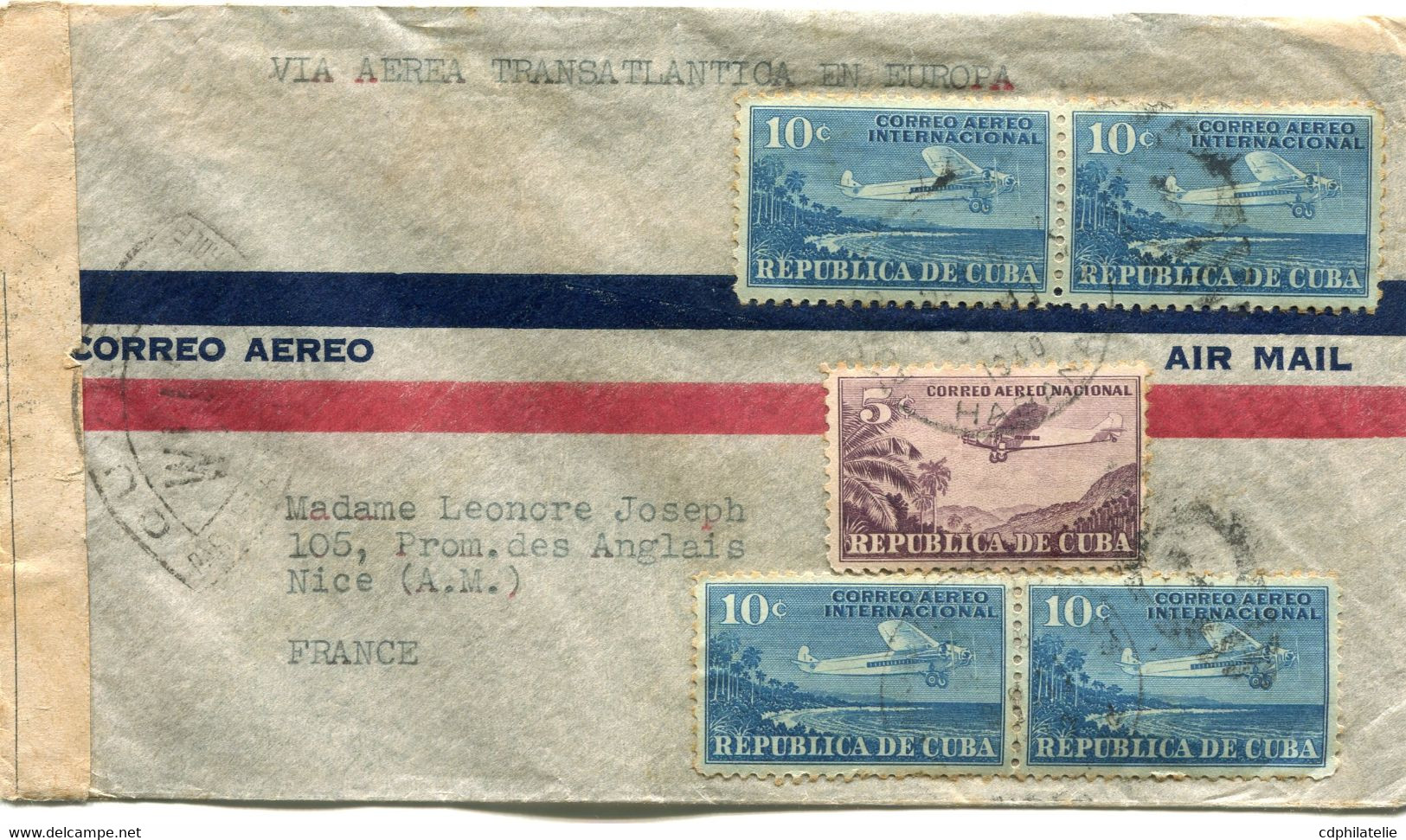 CUBA LETTRE PAR AVION CENSUREE DEPART HABANA ?-?-1940 POUR LA FRANCE - Briefe U. Dokumente