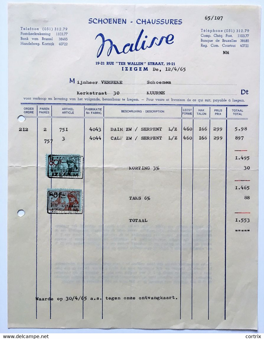 Factuur Schoenen Malisse Izegem 1965 - Textile & Vestimentaire