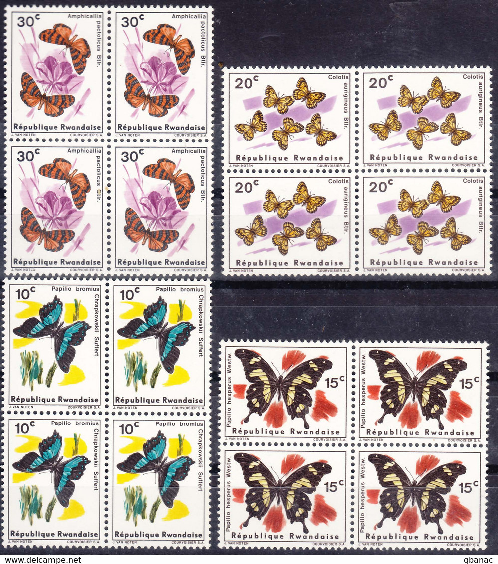 Rwanda 1965/1966 Butterflies, Mint Never Hinged Pieces Of 4 - Unused Stamps