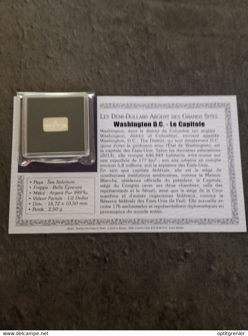 1/2 DOLLAR LINGOT ARGENT 2,5 G / ILE SALOMON / WASHINGTON DC LE CAPITOLE / CERTIFICAT - Salomonen