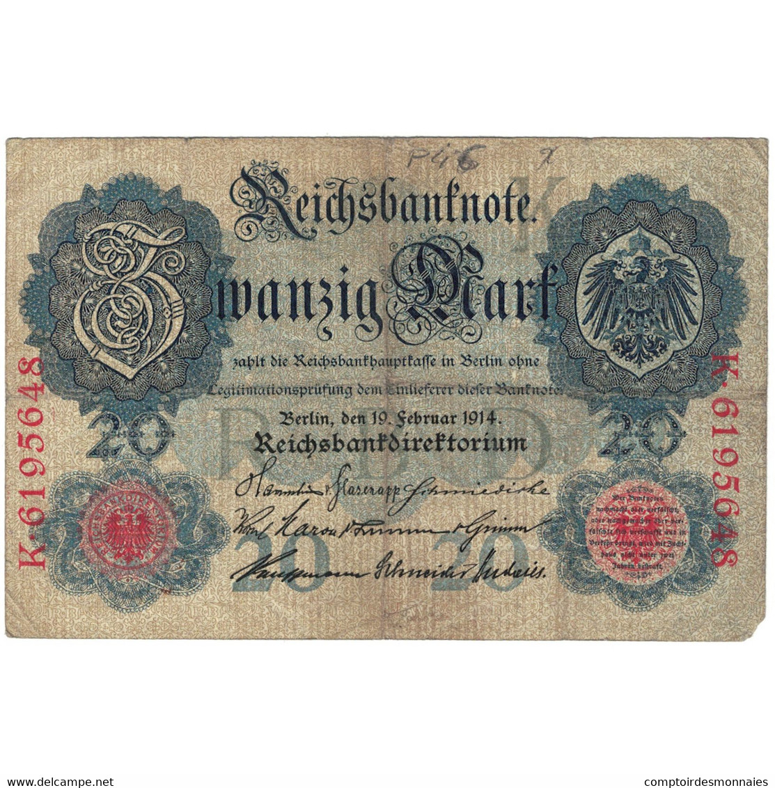 Billet, Allemagne, 20 Mark, 1914, 1914-02-19, KM:46b, TB - 20 Mark