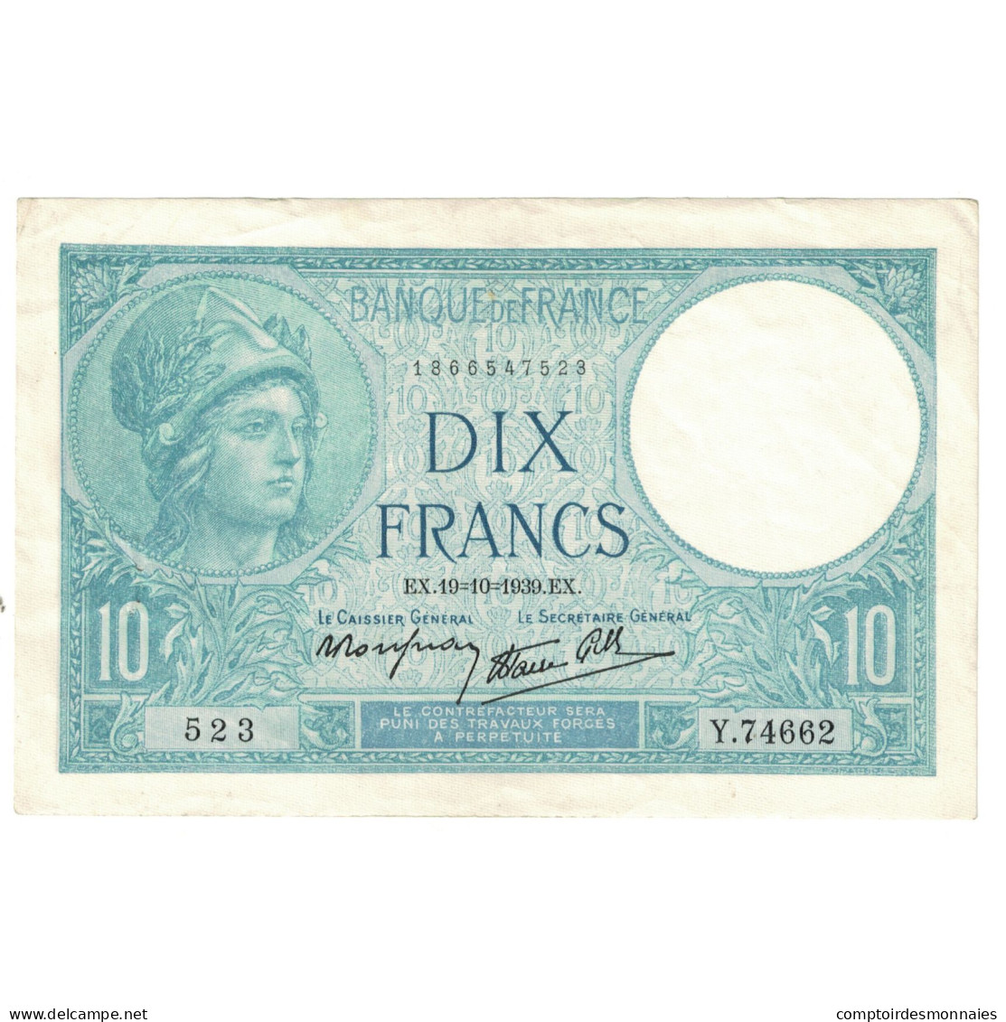 France, 10 Francs, Minerve, 1939, Y.74662, SUP, Fayette:7.12, KM:84 - 10 F 1916-1942 ''Minerve''