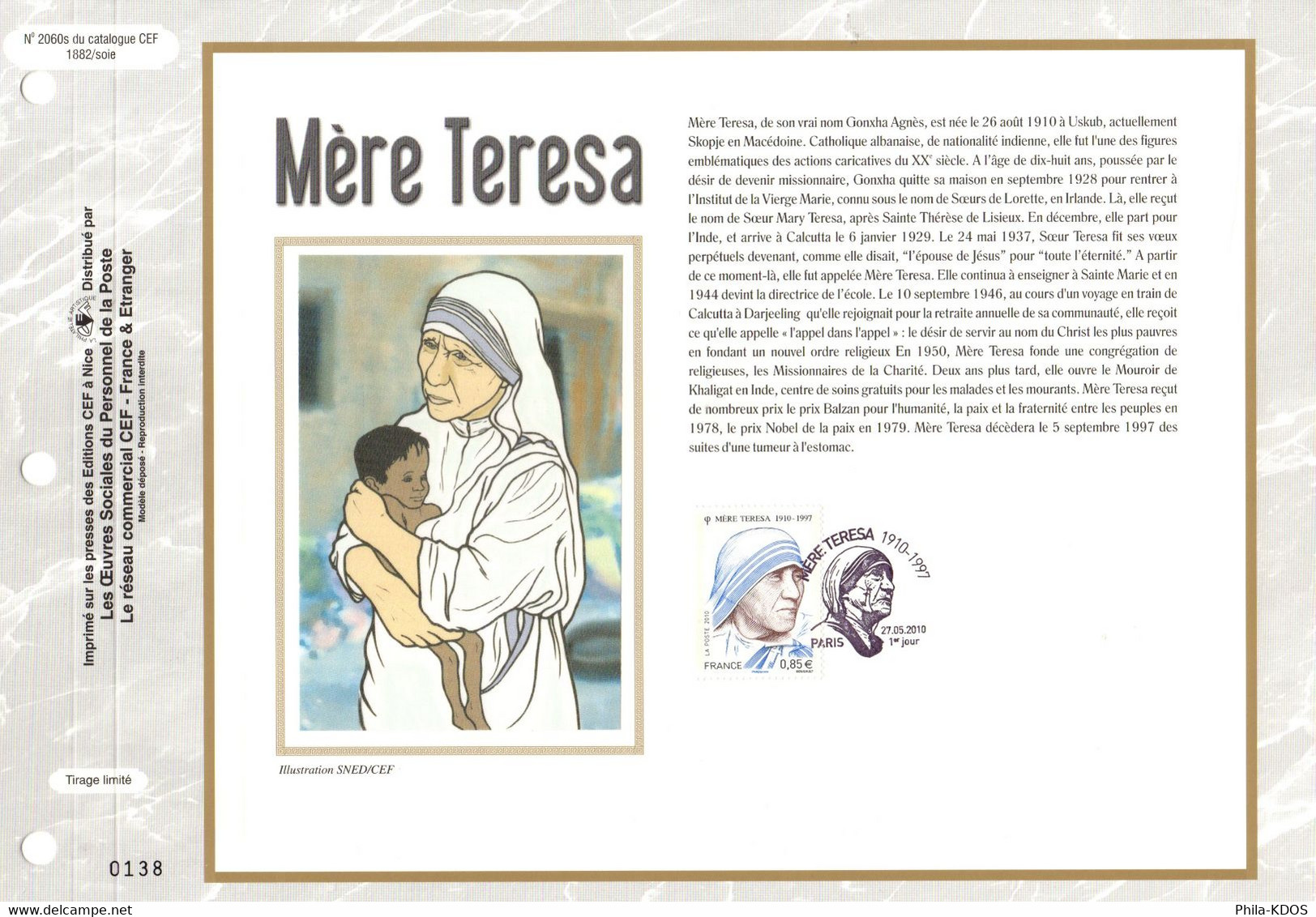 " MERE TERESA " Sur Feuillet CEF 1er Jour Sur Soie De 2010. N° YT 4455 En Parfait état. FDC - Mère Teresa