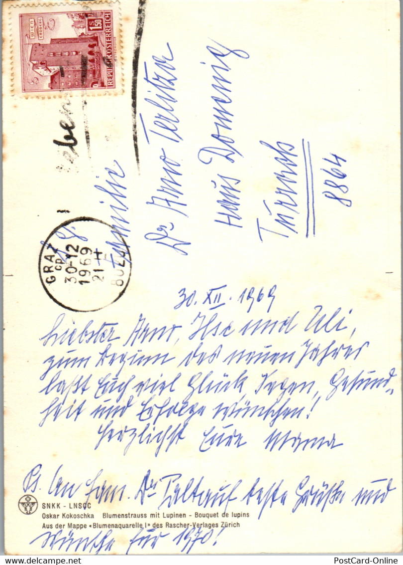 23633 - Künstlerkarte - Blumenstrauß Mit Lupinen , Signiert Oskar Kokoschka - Gelaufen 1969 - Kokoschka