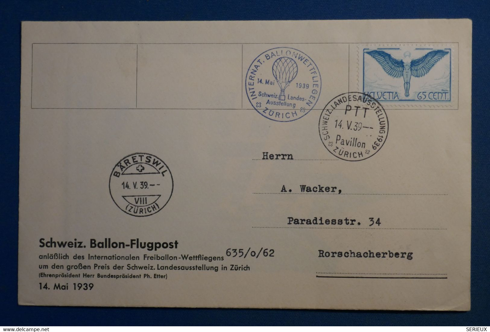 AL7 SUISSE  BELLE LETTRE 1939  BALLON ZURICH   +FLUGPOST ++AEROPHILATELIE+  ++  AFFRANCH. PLAISANT - Sonstige & Ohne Zuordnung