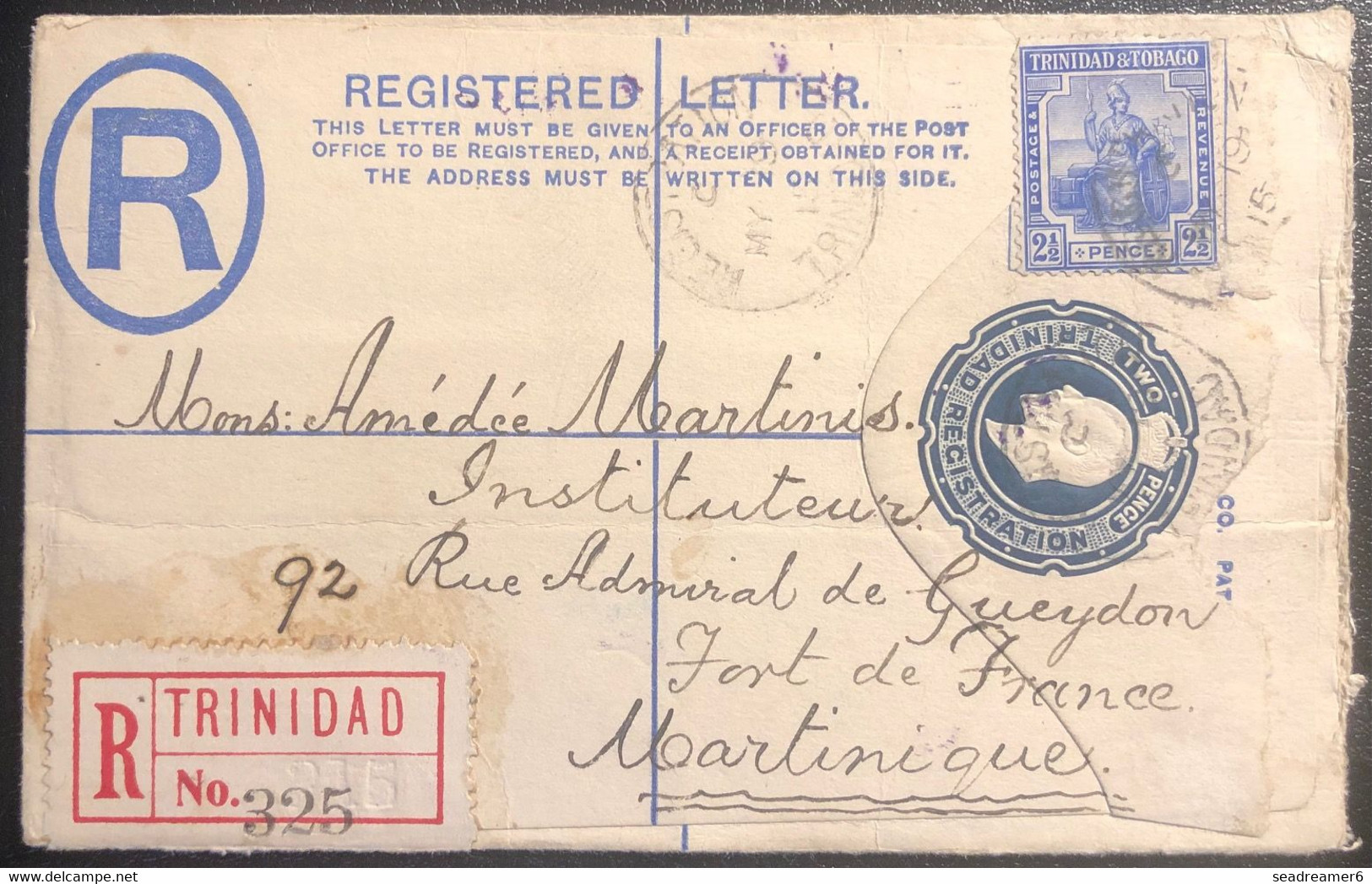 Trinidad & Tobago Entier Lettre Recommandé 2P Bleu + 2 1/2 Pence En Complément Pour Fort De France à La Martinique TTB - Trinidad En Tobago (1962-...)