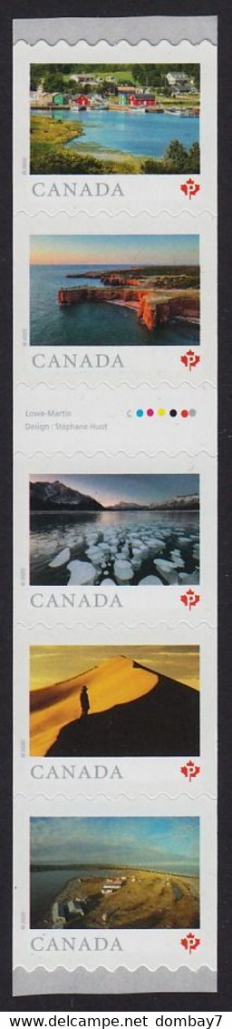 Qc. FROM FAR AND WIDE = 3/4 GUTTER INSCRIPTION Strip Of 5 X "P" Stamps From COIL / ROLL (full Set) MNH Canada 2020 - Markenrollen