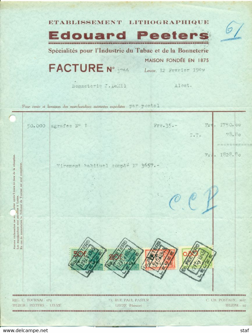 Oude Factuur Edouard Peeters - Ets Lithographique  - Tabac Et Bonneterie : 1949 - Kleidung & Textil