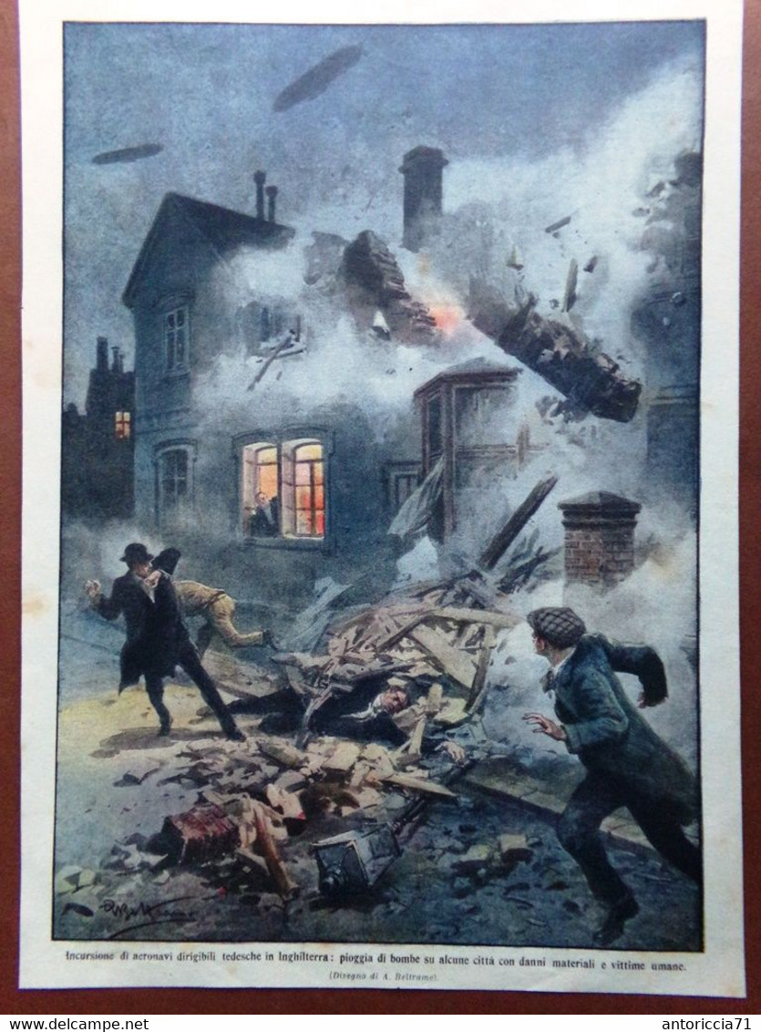 Retrocopertina Domenica Corriere Nr. 5 Del 1915 WW1 Dirigibili Bombe Inghilterra - War 1914-18