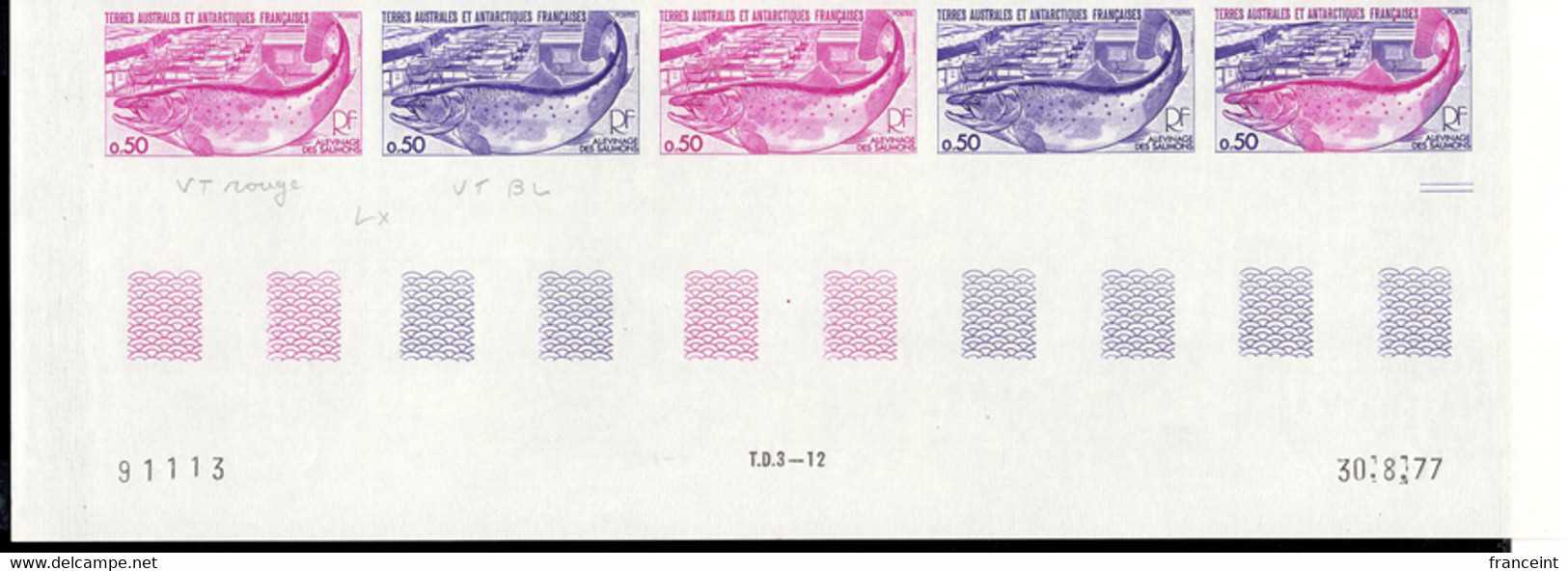 FRENCH ANTARCTIC(1977) Salmon. Salmon Fishery. Trial Color Plate Proofs In Margin Strip Of 5. Scott 70, Yvert 71 - Non Dentelés, épreuves & Variétés