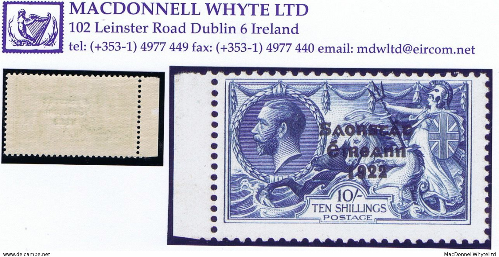 Ireland 1927-28 Wide Date Setting Saorstát 3-line Overprint On 10s Blue, Fresh Mint Marginal Barest Trace Of Light Hinge - Ungebraucht