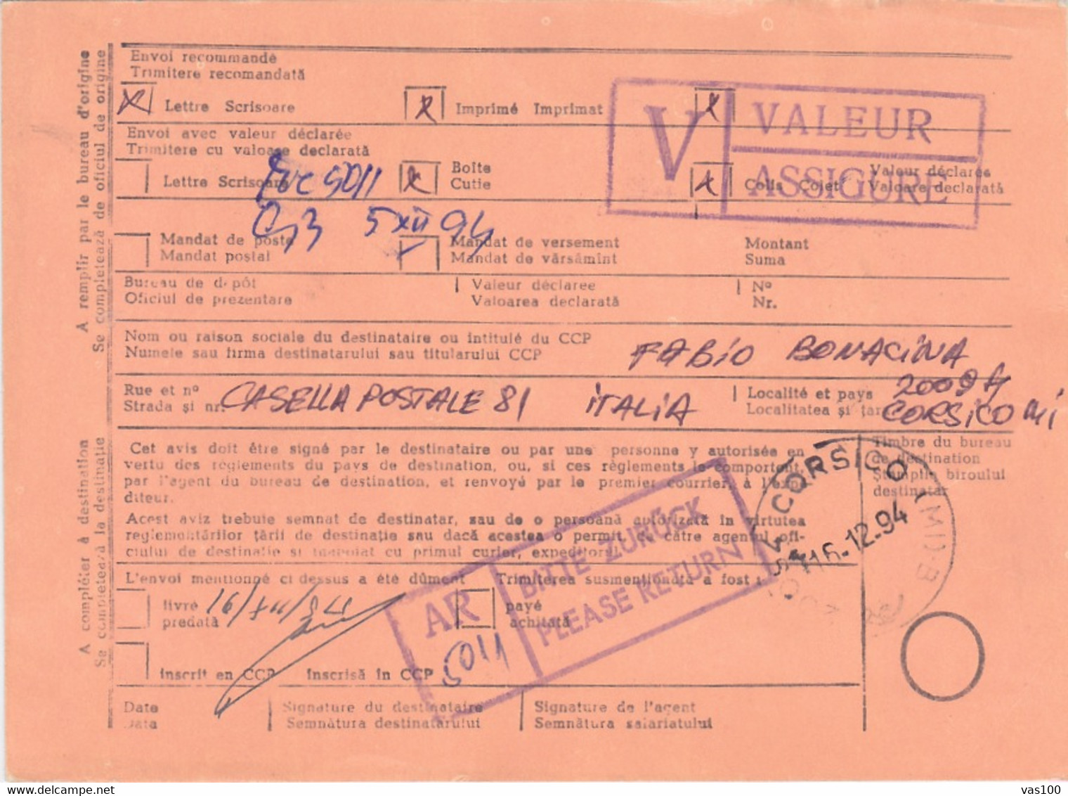 ENVIRONMENT PROTECTION STAMP SHEET, INTERNATIONAL LETTER RECEIPT CONFIRMATION, 1994, ROMANIA - Covers & Documents