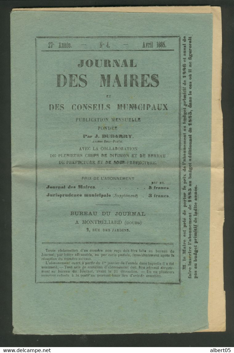 Journal Des Maires - Cachet Journaux Montbéliard PP   Avril 1885 - Kranten