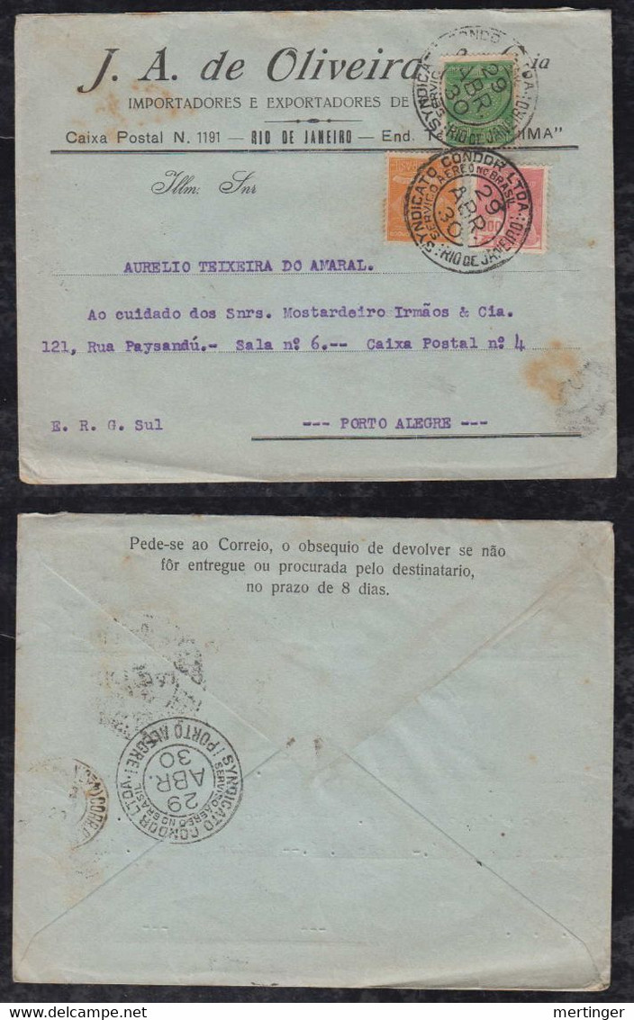 Brazil Brasil 1930 CONDOR Airmail Cover RIO To PORTO ALEGRE 1300R + 700R - Luftpost (private Gesellschaften)