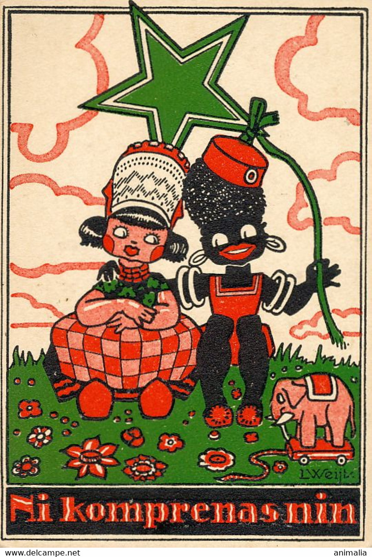 Art Card Esperanto By L. Weijts  Holland Girl And Black Boy Ni Komprenas Nin Elephant - Esperanto