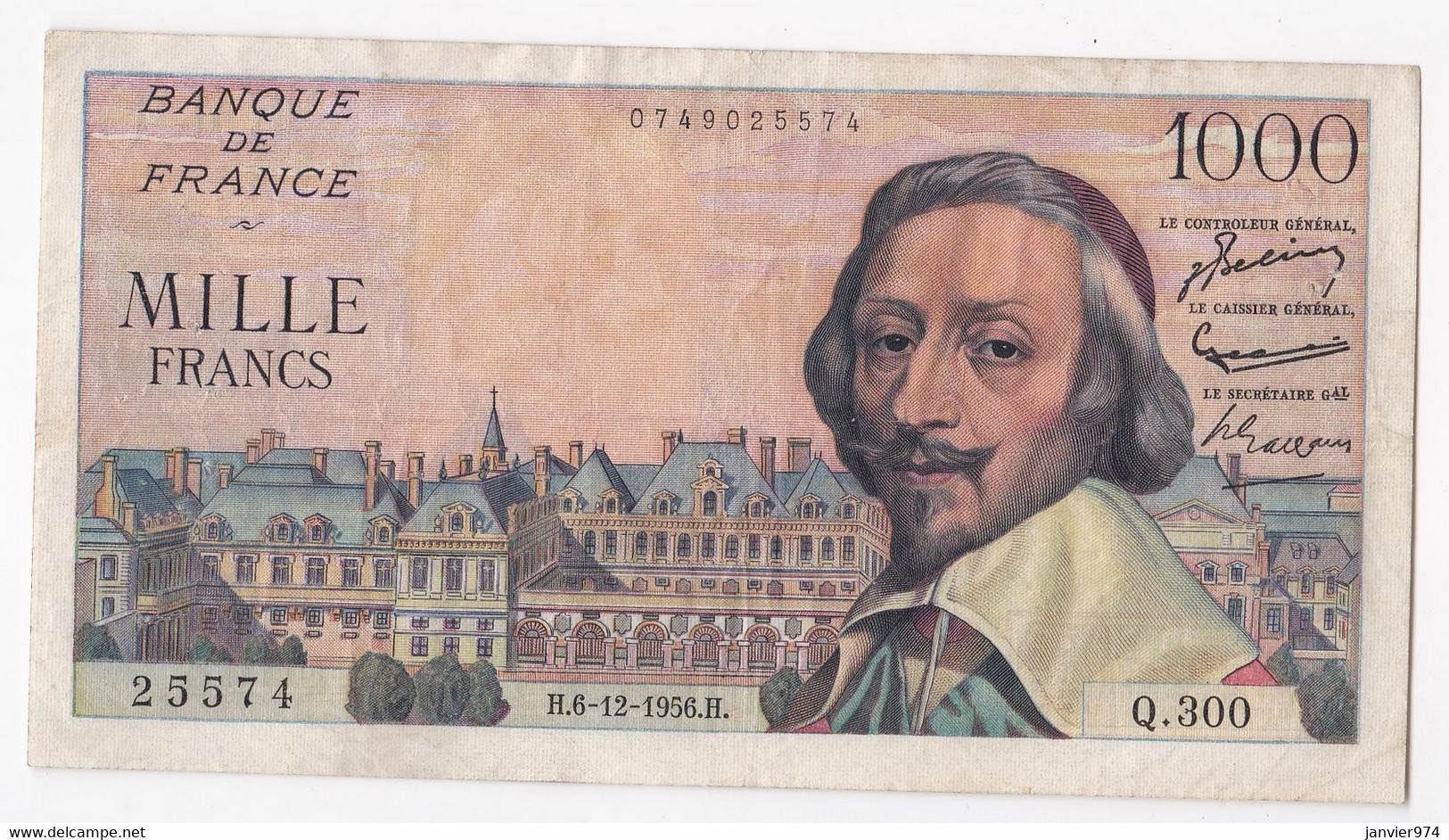 1000 Francs Richelieu Du 6 12 1956. Alph. Q.300 N° 255774 - 1 000 F 1953-1957 ''Richelieu''