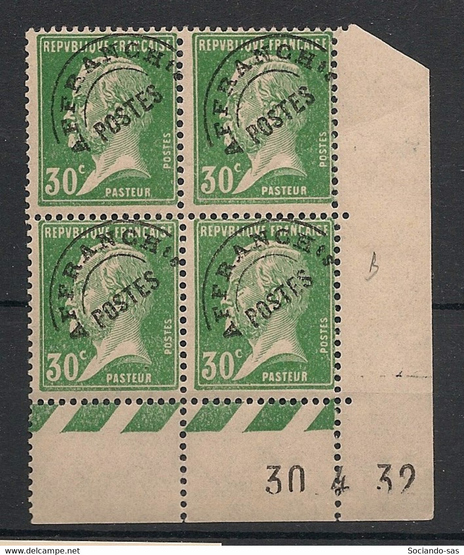 FRANCE - 1932 - Préo N°Yv. 66 - Pasteur - Bloc De 4 Coin Daté - Neuf Luxe ** / MNH / Postfrisch - Preobliterati