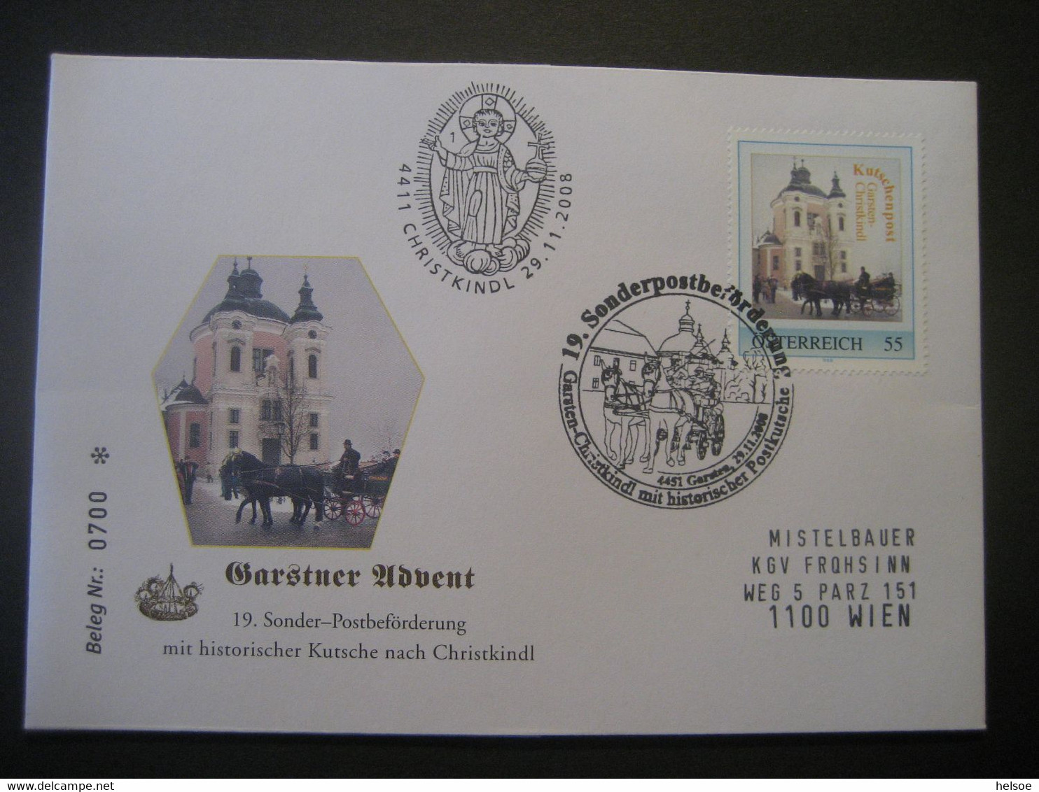 Osterreich- Garsten 29.11.2008 Von Der 19. Sonderpostbeförderung Mit Postkutsche Garsten - Christkindl - Covers & Documents