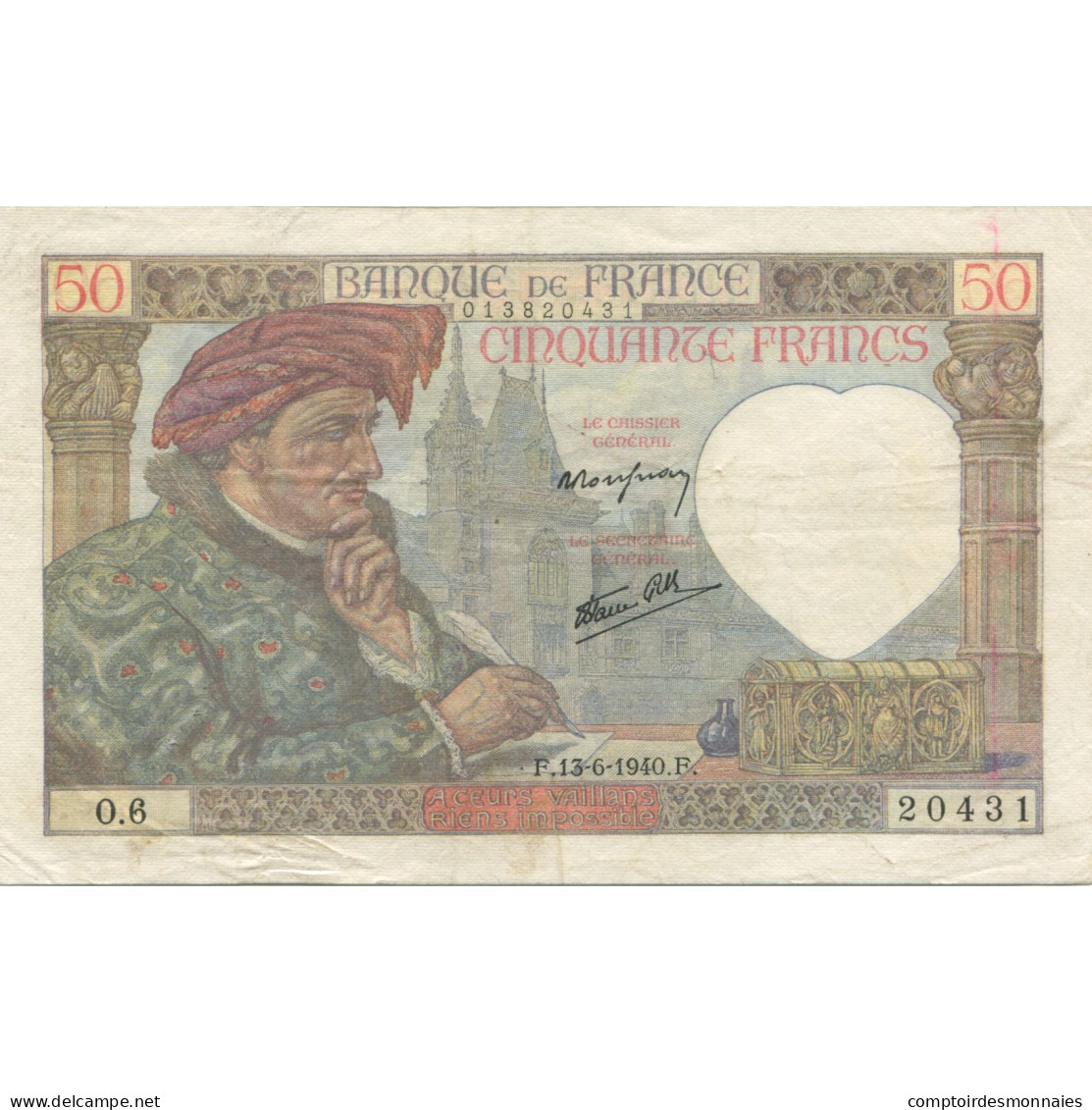 France, 50 Francs, Jacques Coeur, 1940, 1940-06-13, TTB+, Fayette:19.1, KM:93 - 50 F 1940-1942 ''Jacques Coeur''