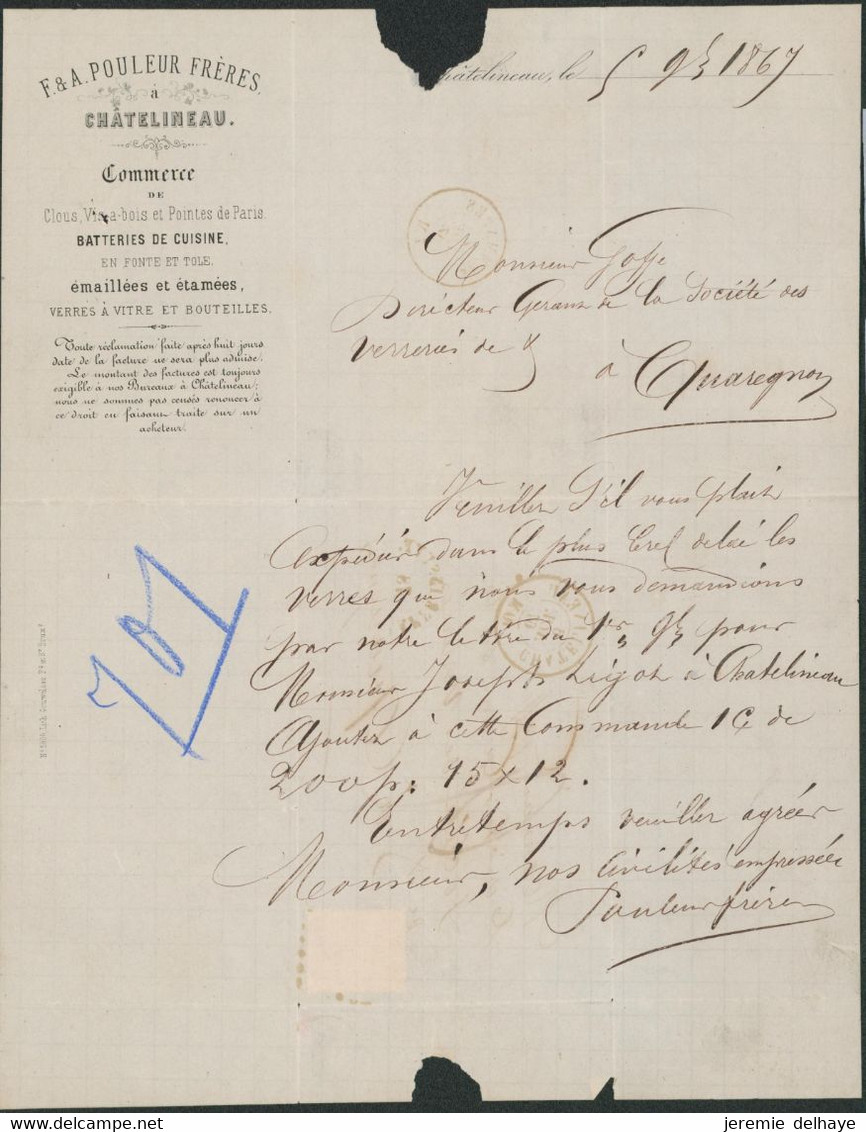 émission 1865 - N°17 Sur LAC Obl Pt 78 çàd Chatelineau (1867) + Affr. Insuff. 78 > Quaregnon, Taxé à 2 Décimes - 1865-1866 Perfil Izquierdo