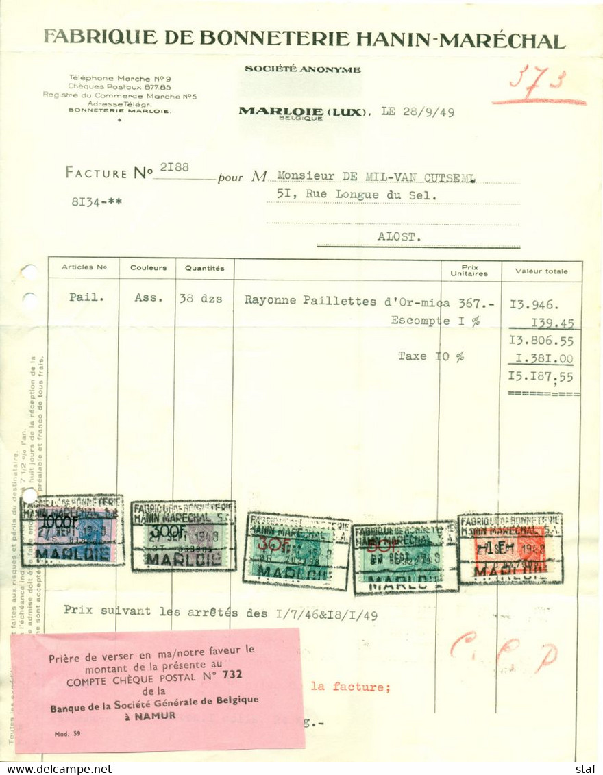 Oude Factuur Fabrique De Bonneterie Hanin - Maréchal à Marloie: 1949 - Kleidung & Textil