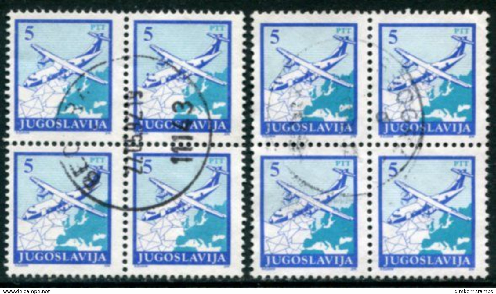 YUGOSLAVIA 1990 Revalued Postal Services Definitive 5 D. Both Perforations Blocks Of 4 Used.  Michel 2399A,C - Gebruikt