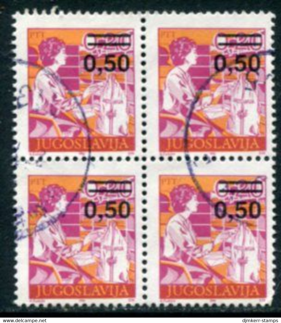 YUGOSLAVIA 1990 Surcharge 0.50 On 2 D. Perforated 13¼ Block Of 4  MNH / **.  Michel 2437A - Used Stamps