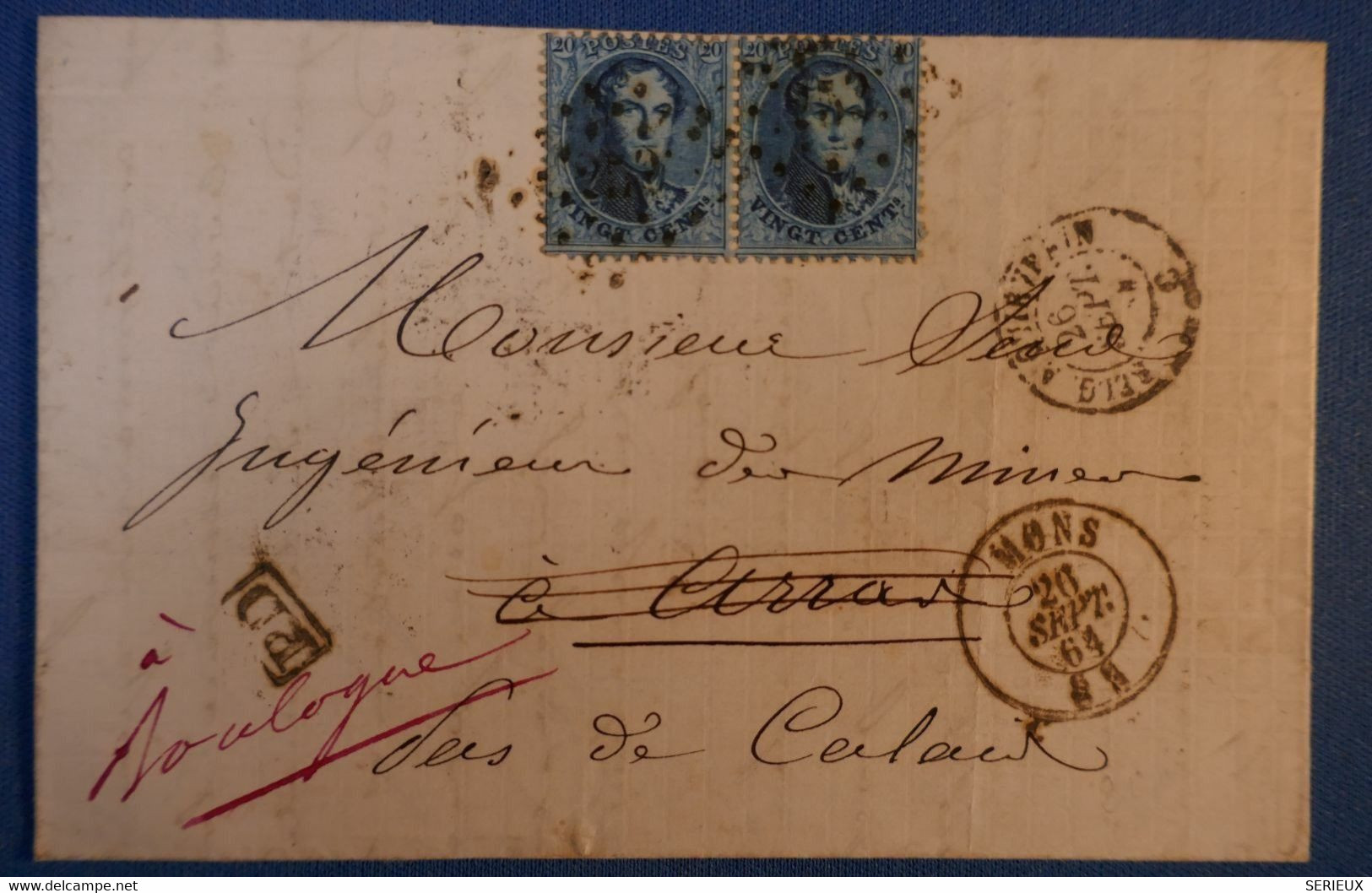 D93 BELGIQUE BELLE LETTRE 1864 MONS POUR ARRAS PUIS REDIST BOULOGNE FRANCE BELLE .PAIRE 20 CENT + CACHETS ET TEMOIGNAGE - 1849-1865 Medallions (Other)