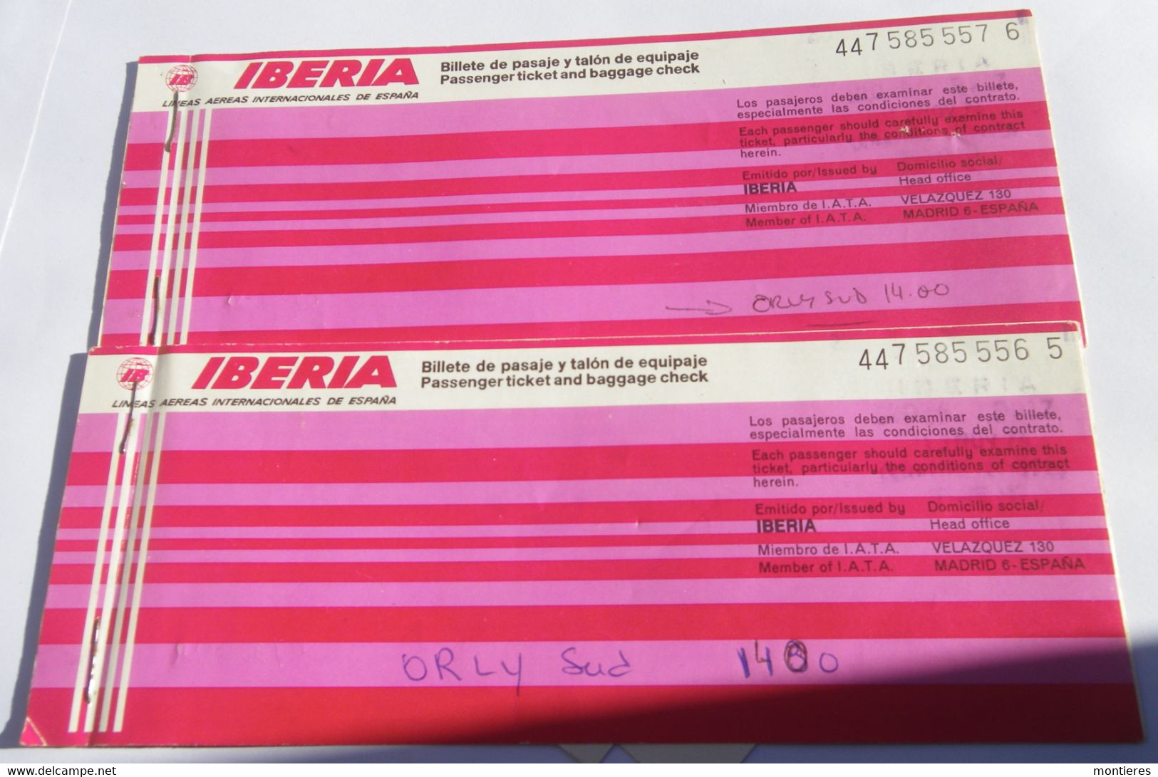 IBERIA Deux Billets 13 Novembre 1974 Agence Champs Elysées ORLY MADRID TENERIFE MADRID PARIS - Tickets