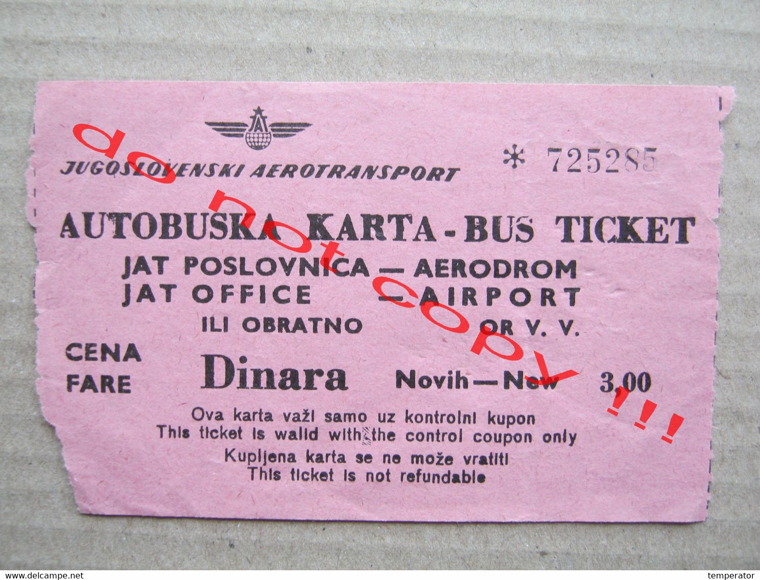 Yugoslavia BUS TICKET / JAT OFFICE - AIRPORT - Europa