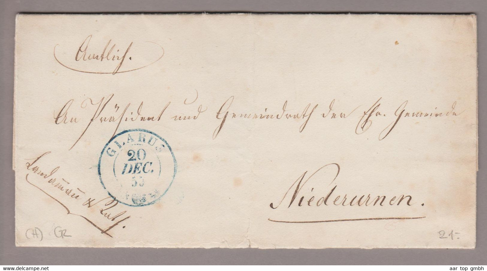 CH Heimat GL Glarus 1855-12-20 Amtlich-Brief Nach Niederurnen - Briefe U. Dokumente
