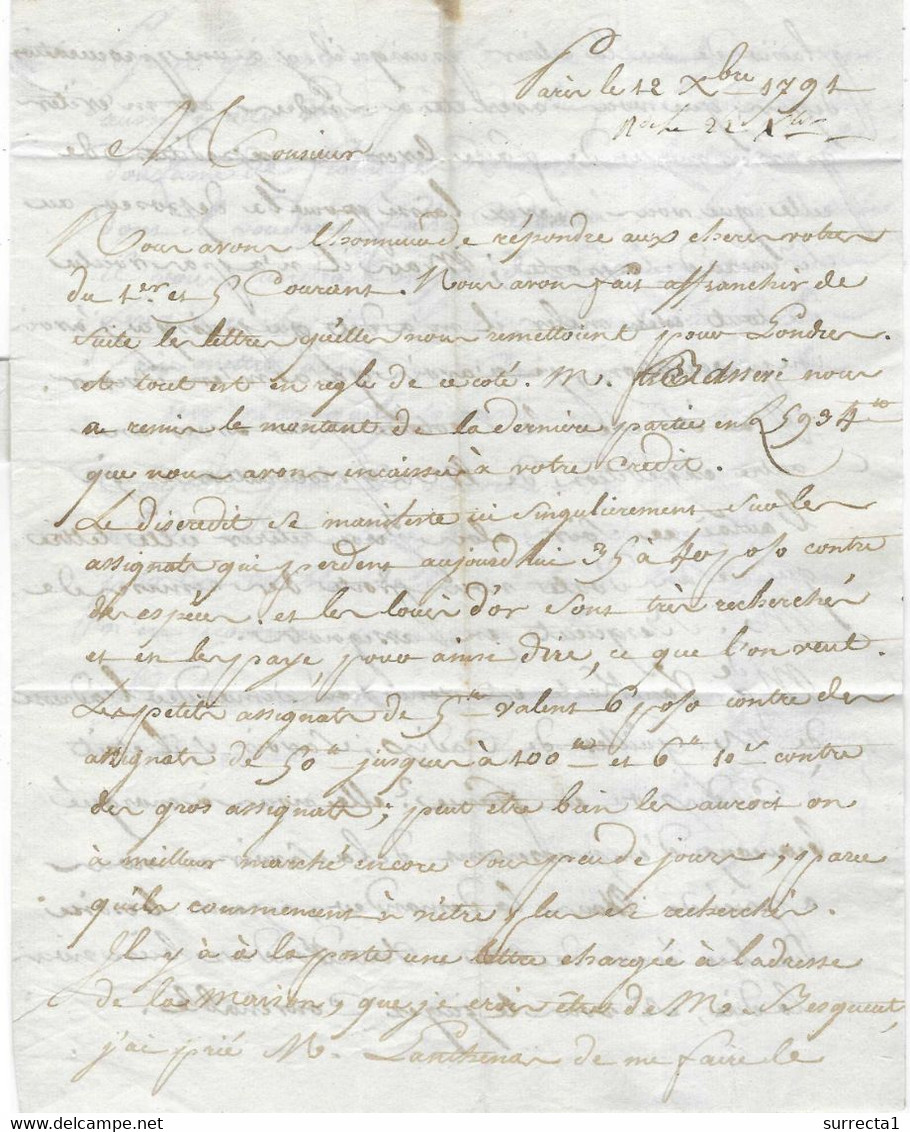 1791 / Lettre De Paris Cachet "P" / Discrédit Sur Les Assignats Qui Perdent 40 % Contre Espèces Et Louis D'Or - Zonder Classificatie