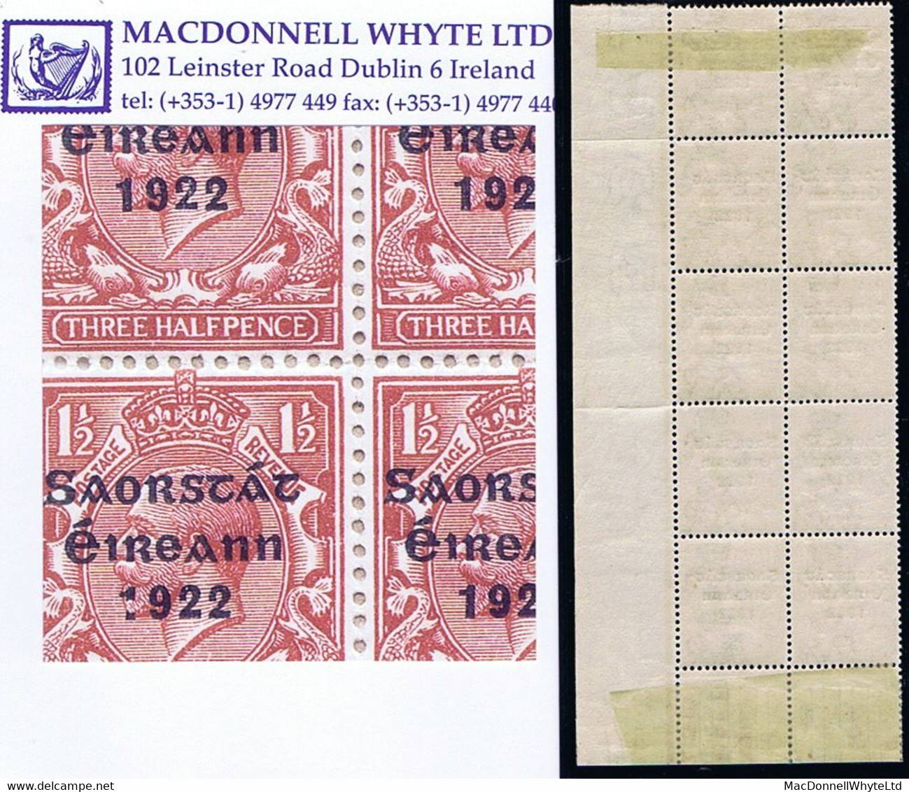 Ireland 1922-23 Thom Saorstat 3-line Ovpt On 1½d Brown Var. "Colon For 1 In 1922" In A Corner Block Of 10 Mint - Unused Stamps