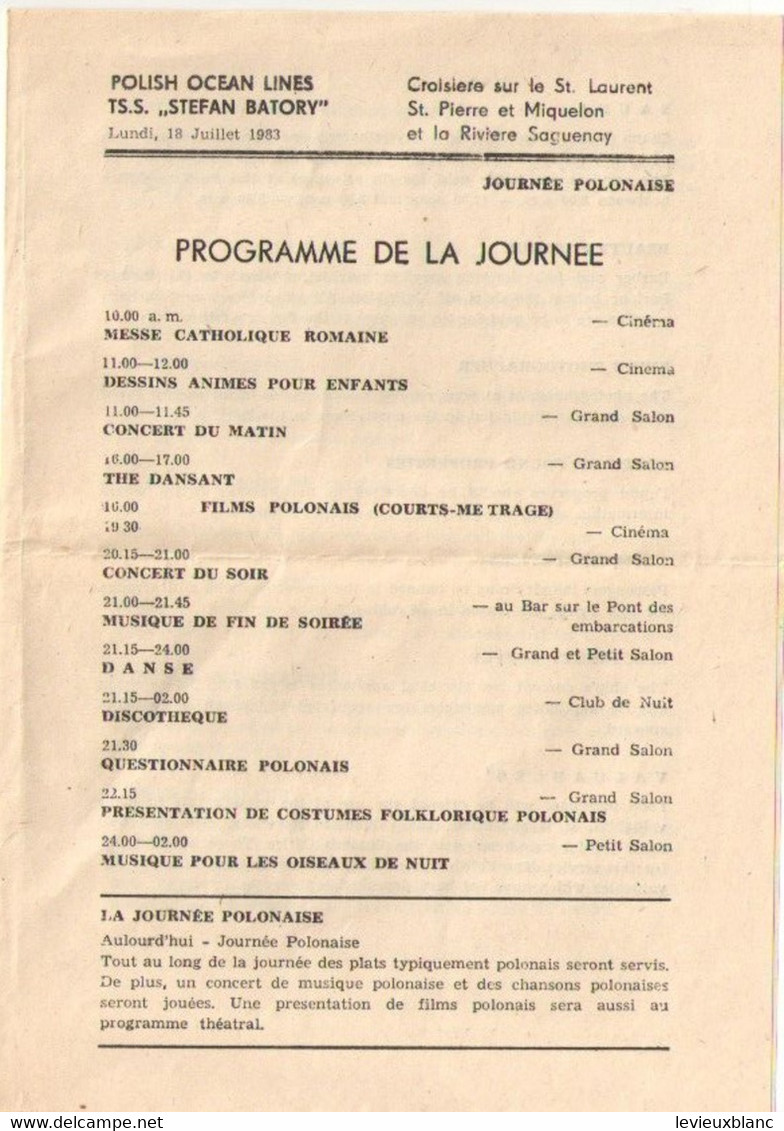 Programmes Des Journées/TSS STEFAN BATORY/Polish Ocean Lines/Croisiére Sur Le St Laurent-St P & M-Saguenay/1983    MAR95 - Autres & Non Classés