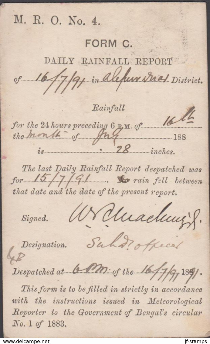 1891. EAST INDIA. Service POST CARD VICTORIA QUARTER ANNA FORM C DAILY RAINFALL REPORT Cancelled WELLESLEY... - JF427554 - Chamba