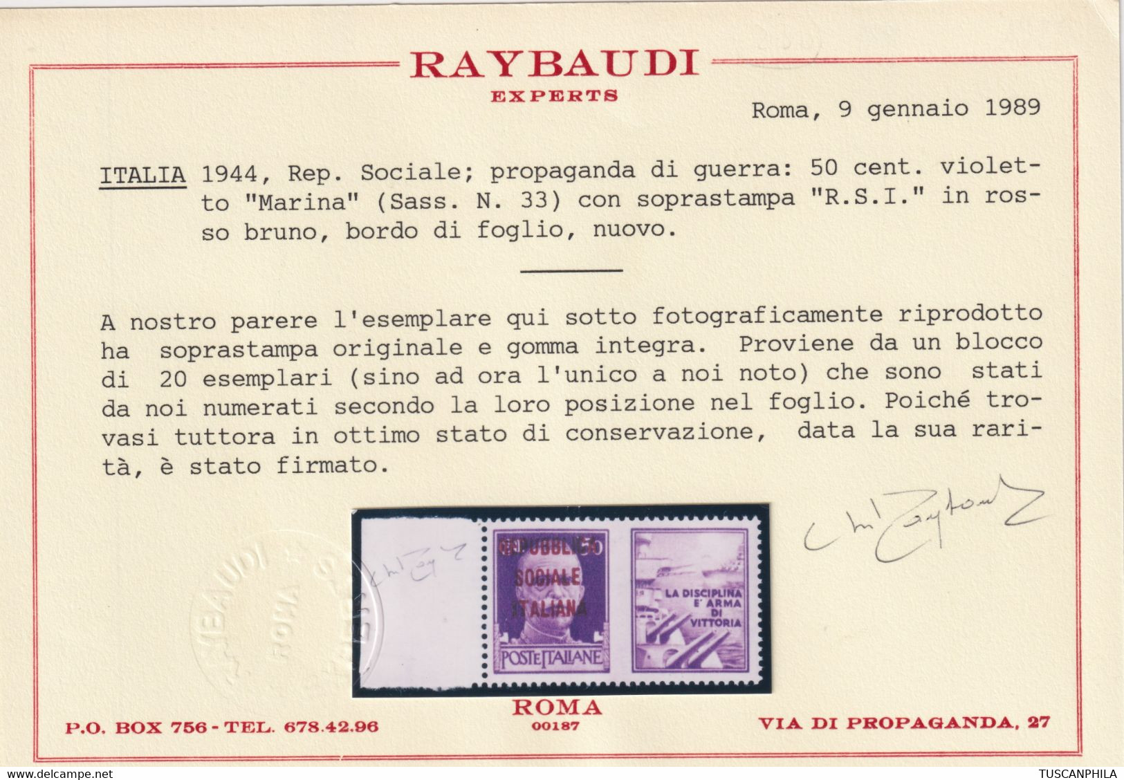 Repubblica Sociale 1944 50 C. Violetto Sass. 33F MNH** Cv. 4000 Certificato Ray - War Propaganda