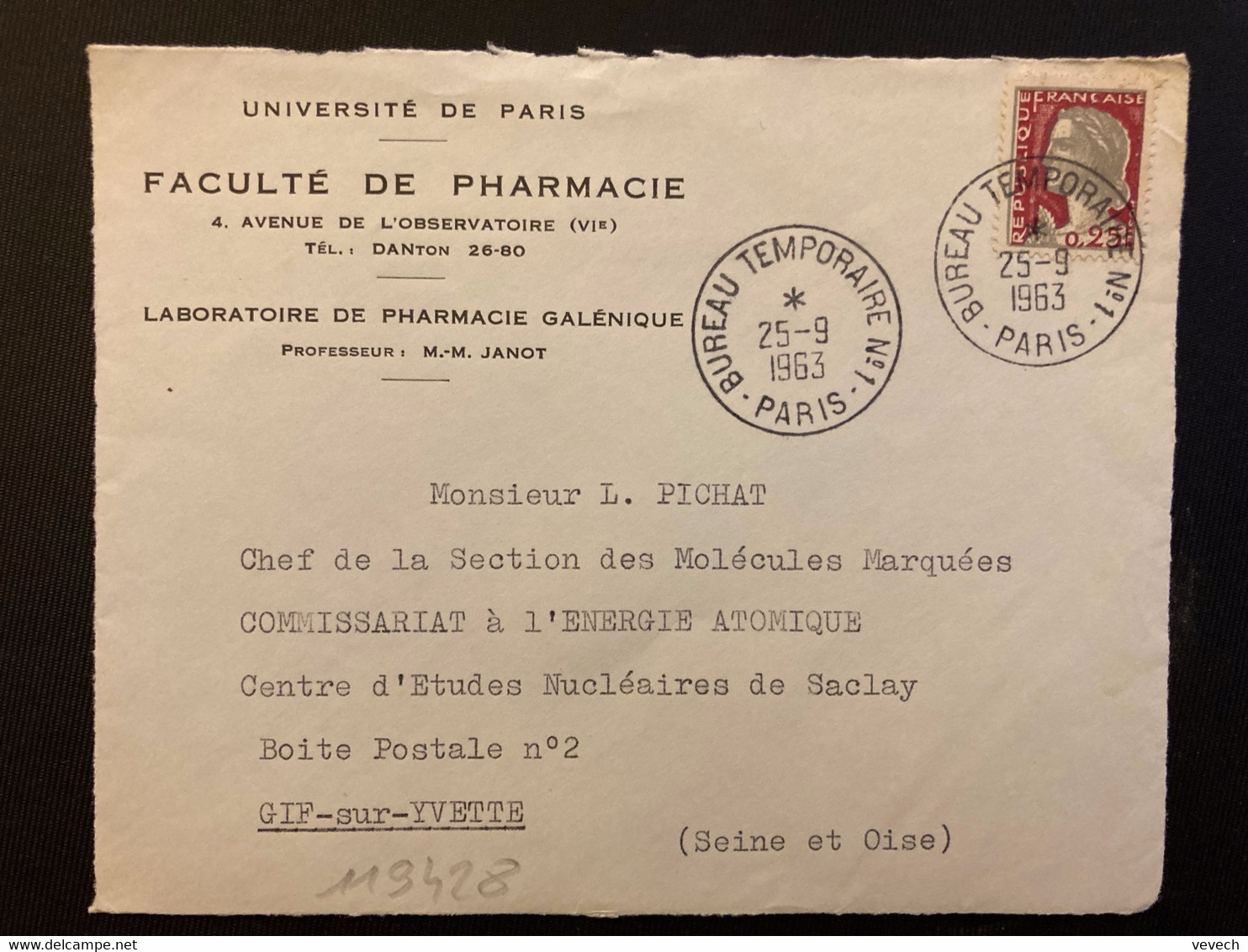 DEVANT TP M. DE DECARIS 0,25 OBL.25-9 1963 PARIS BUREAU TEMPORAIRE N°1 + FACULTE DE PHARMACIE - Lettres & Documents